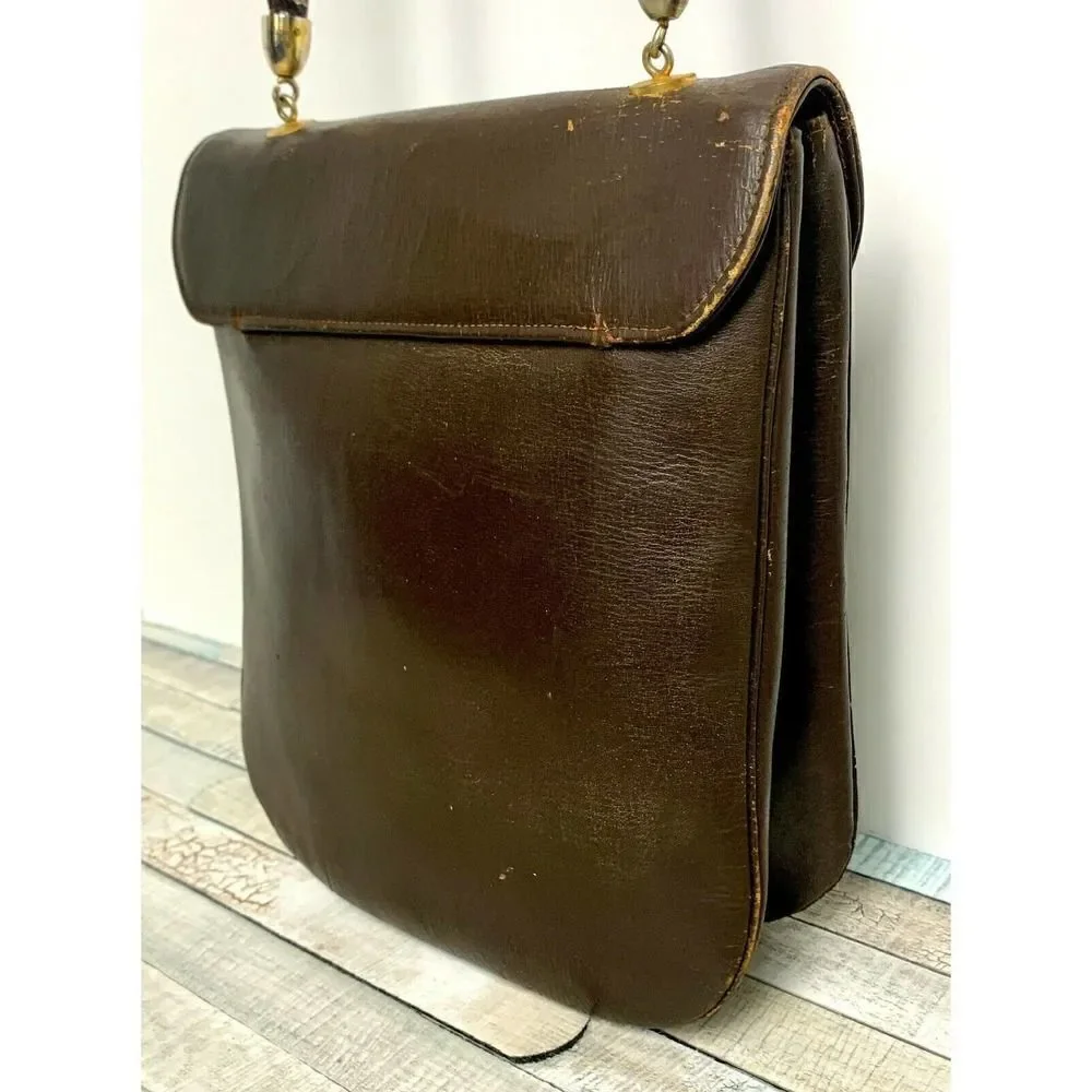 VINTAGE BROWN GENUINE LEATHER TURN LOCK FLAP TOP HANDLE HANDBAG PURSE